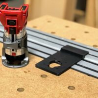 Black adapter plate with circular cutout mounted on Dewalt aluminum track beside a Milwaukee router with red head