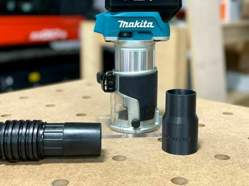Standard shop vac hose adapter for Makita 18v cordless router to help reduce the dust made when using your router