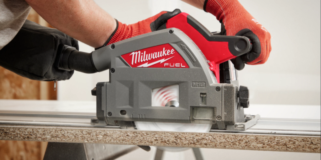 Milwaukee M18 cordless track saw in use