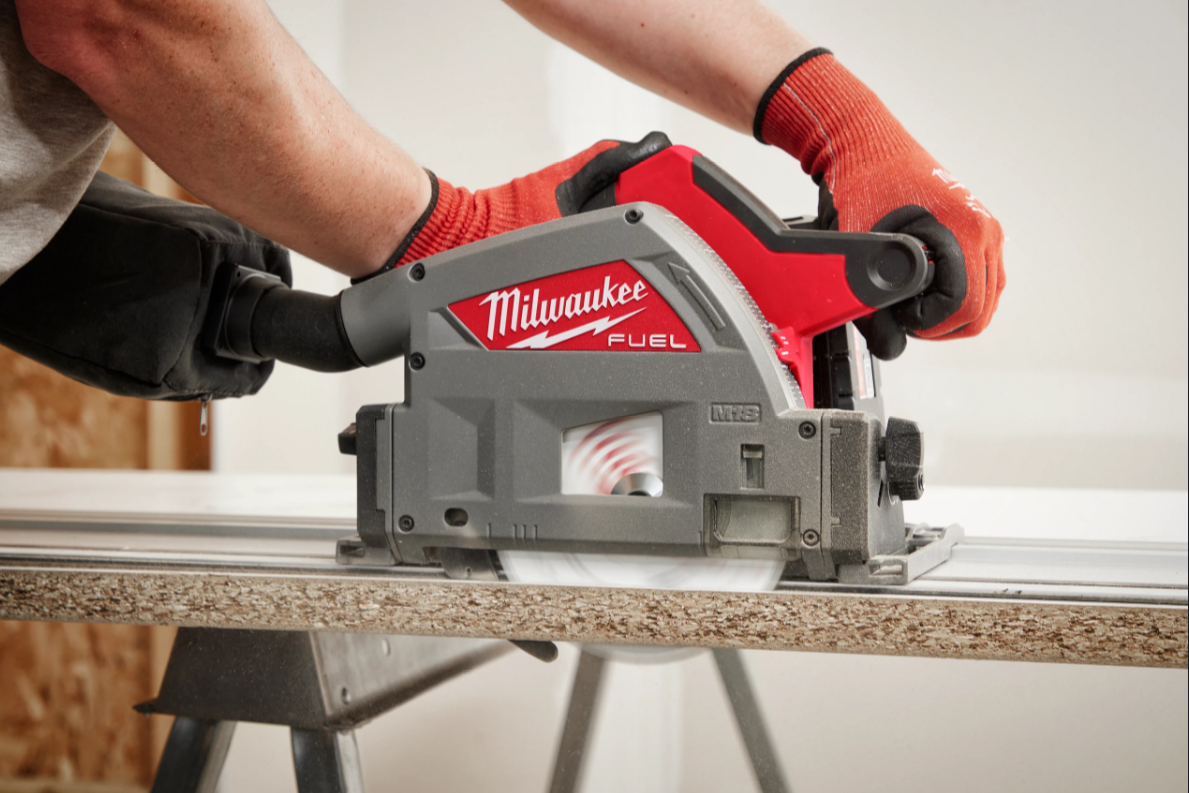 Milwaukee M18 cordless track saw in use