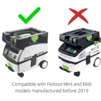 Macam reusable filter bag installed in a Festool CT Mini dust extractor with green checkmark; incompatible with newer CT Midi model shown with red X
