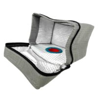 Macam reusable dust bag for Miele vacuums, shown open with gray exterior, white quilted interior, and blue circular seal on the filter