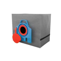 Blue and red reusable dust bag for Miele vacuums next to gray fabric storage container