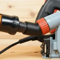 No Snag Dust Port adapter attached to a Mafell track saw, with yellow and black hose connected and angled upward away from the saw