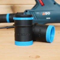 ToolCurve hose adapter with black body and blue grip bands, shown standalone and attached to Bosch drywall sander in background