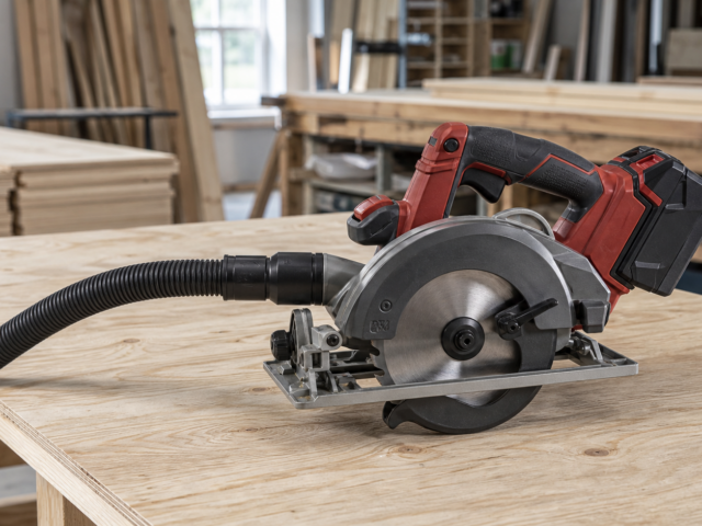 Generic cordless rear-handle circular saw connected to a dust-extraction hose on a plywood workbench